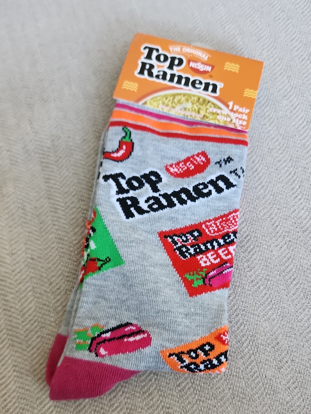 Top Ramen Gray & Pink Novelty Socks - Top Ramen Brand